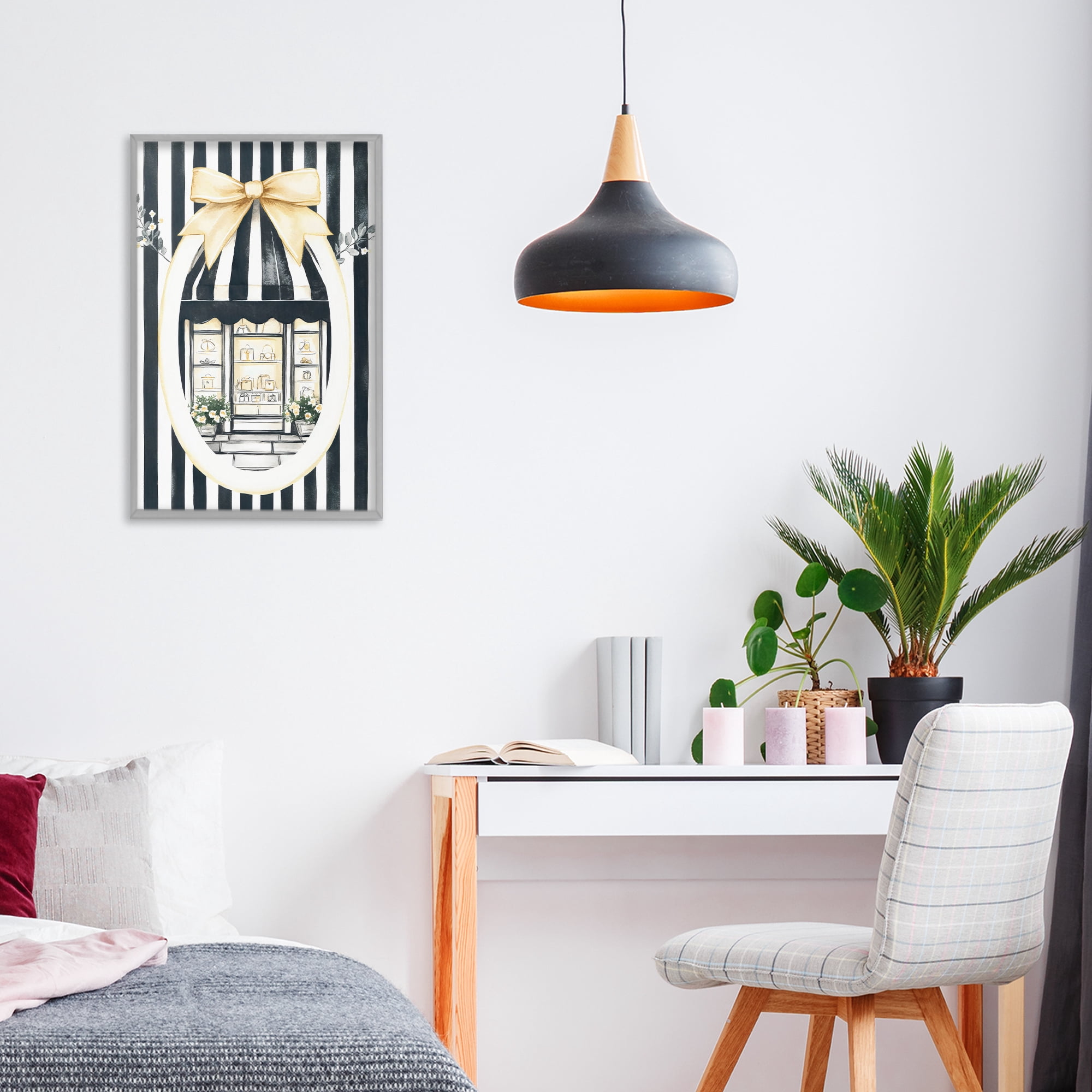 Stupell Industries Maison Striped Boutique Window Gray Framed Giclee Art, design by Petal Prints Design