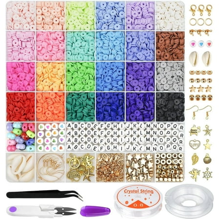 LQQBOX 6000 PCS Clay Beads Bracelet Making Kit, 24 Color DIY Flat Preppy Beads for Friendship Jewelry Making, Polymer Heishi Beads with Charms Gifts for Teen Girls Crafts for 8-12