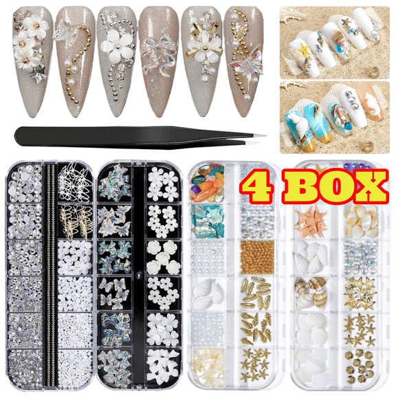 4 Pack Nail Art Charms, Butterfly Flowers Bear Conch Shells Crystal Rhinestones Multi Shapes Pearl Nail Art Jewelry Accessories for Manicure Decorations