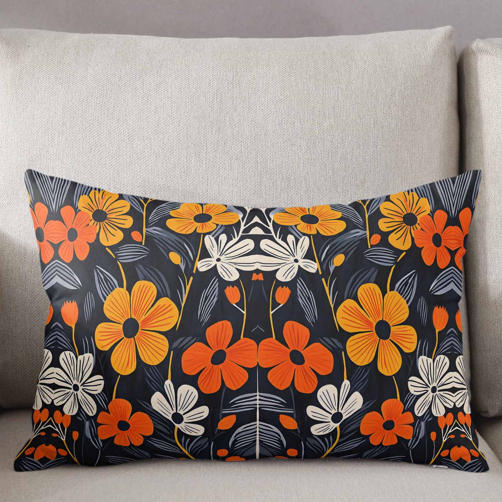 Orange Spring Floral Throw Pillow Cover 24 x 36 Inch Decorative Pillow Cover Black Summer Botanical Leaf Lumbar Pillowcase Seasonal Rectangle Cushion Case for Couch Sofa Bed Living Room