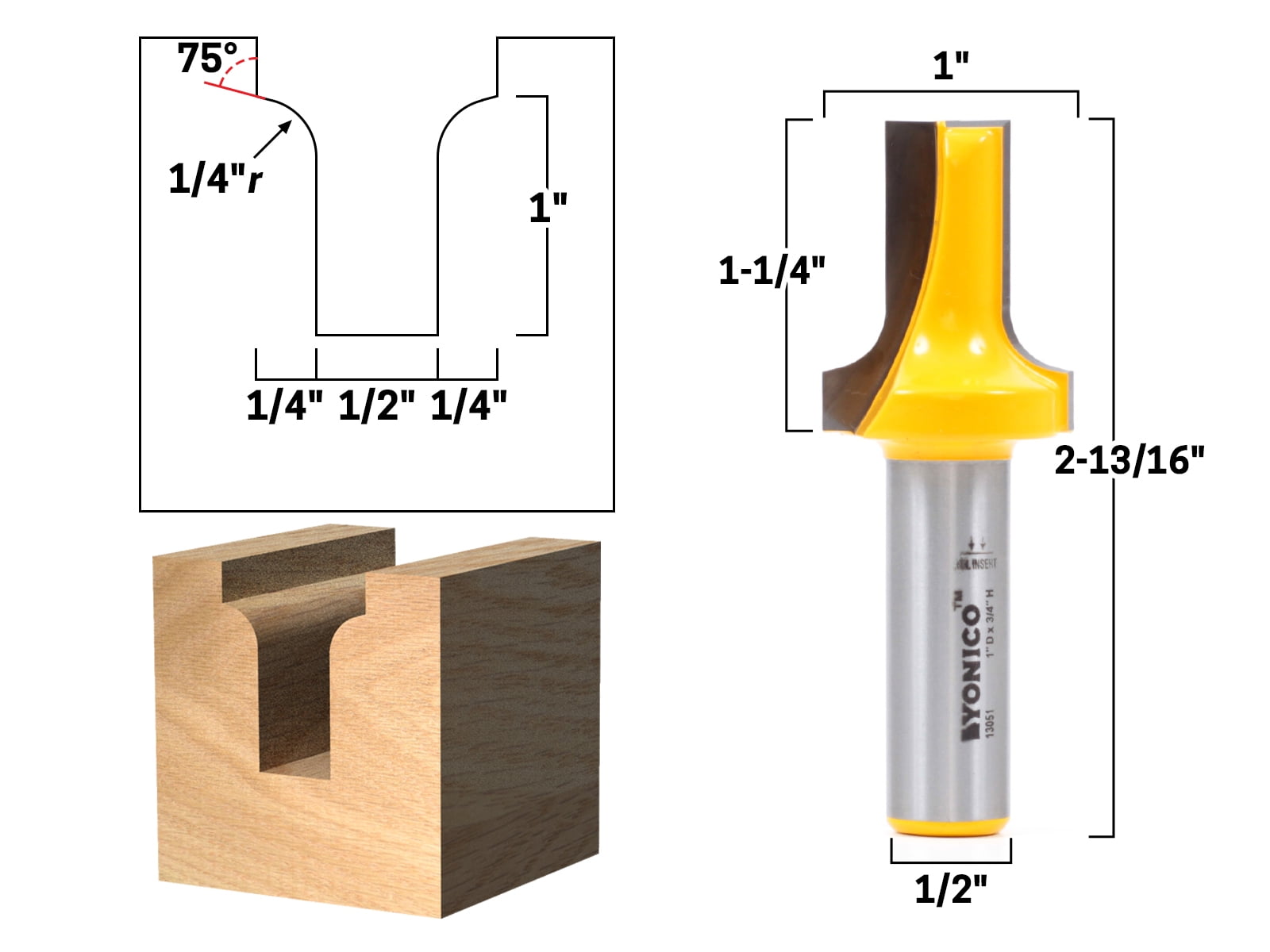 1" Height x 1/4" Radius Dado Cutting Round Over Groove Router Bit 1/2" Shank Yonico 13051