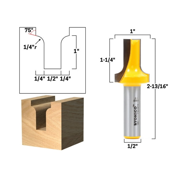 1" Height x 1/4" Radius Dado Cutting Round Over Groove Router Bit - 1/2" Shank - Yonico 13051