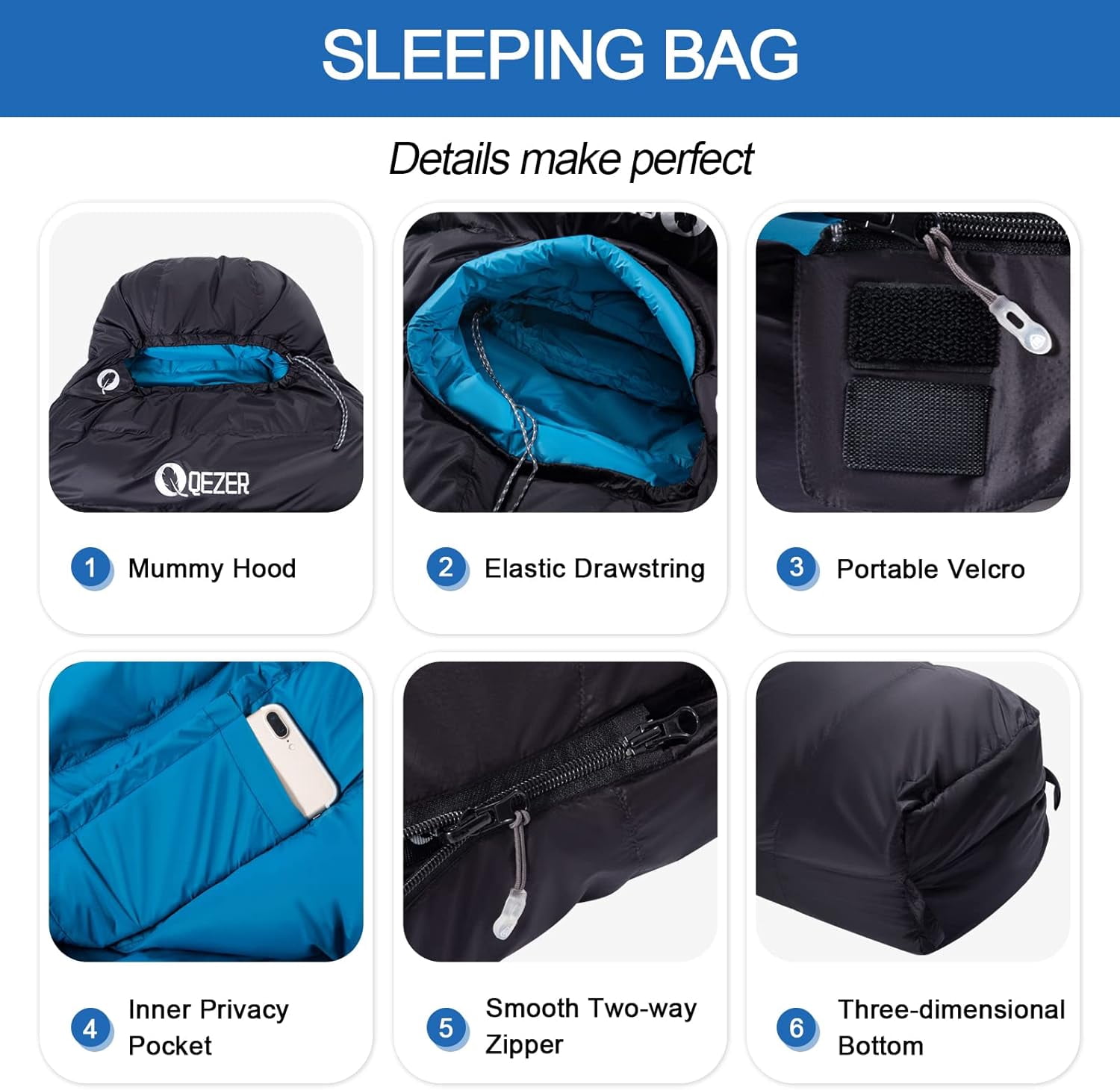 QEZER Down Sleeping Bag for Adults, 10°F Cold Weather Backpacking Sleeping Bag with Compression Sack