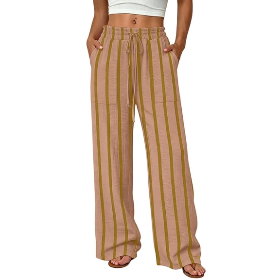 hoksml Women's Wide Leg Striped Pants Drawstring Elastic Waist Loose Lounge Trousers with Pockets for Vacation and Daily Casual