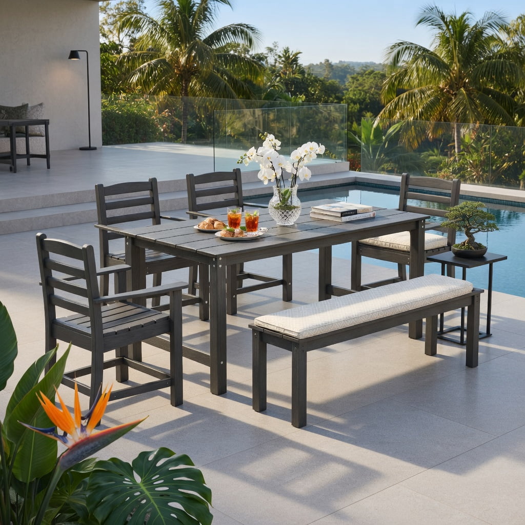 Hommoo 2-Pack HDPE All-Weather Outdoor Dining Chairs, Adirondack Patio Chairs with Wide Armrests, Rustic Wood-Look, Gray