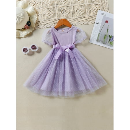 

Mauve Purple Toddler Girls Dobby Mesh Overlay Puff Sleeve Belted Dress Glamorous 110 S040E
