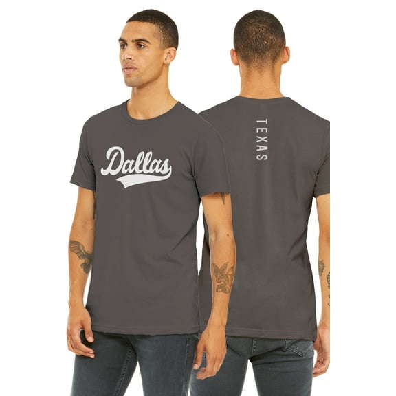 Daxton Adult Unisex Tshirt Dallas Script with Texas Vertical on the Back, Charcoal White, L