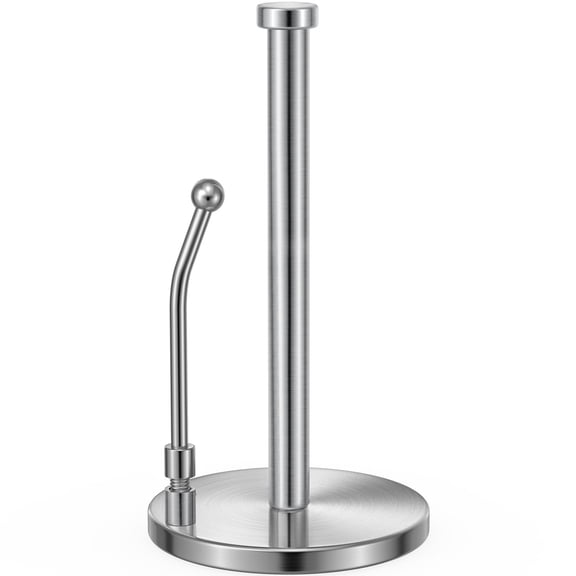 Paper Towel Holder, Standing Paper Towel Dispenser with Weighted Base and Suction Cups, Spring Loaded Arm for Easy Tearing, Stainless Steel Kitchen Organizer for Countertop, Tabletop, Silver