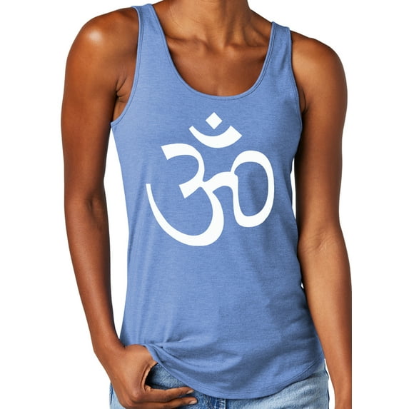 Women's White AUM Hindu Symbol Moisture-Wicking Relaxed Yoga Tank Top, Medium Maritime Frost