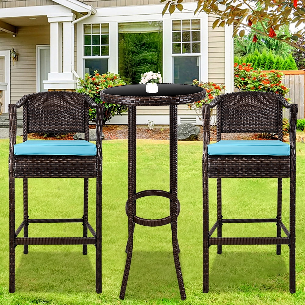 Outdoor High Top Table and Chair, Patio Furniture High Top Table Set with Glass Coffee Table, Removable Cushions, Outdoor Bar Table with Chair, Patio Bistro Set for Backyard Poolside Balcony, Q17050