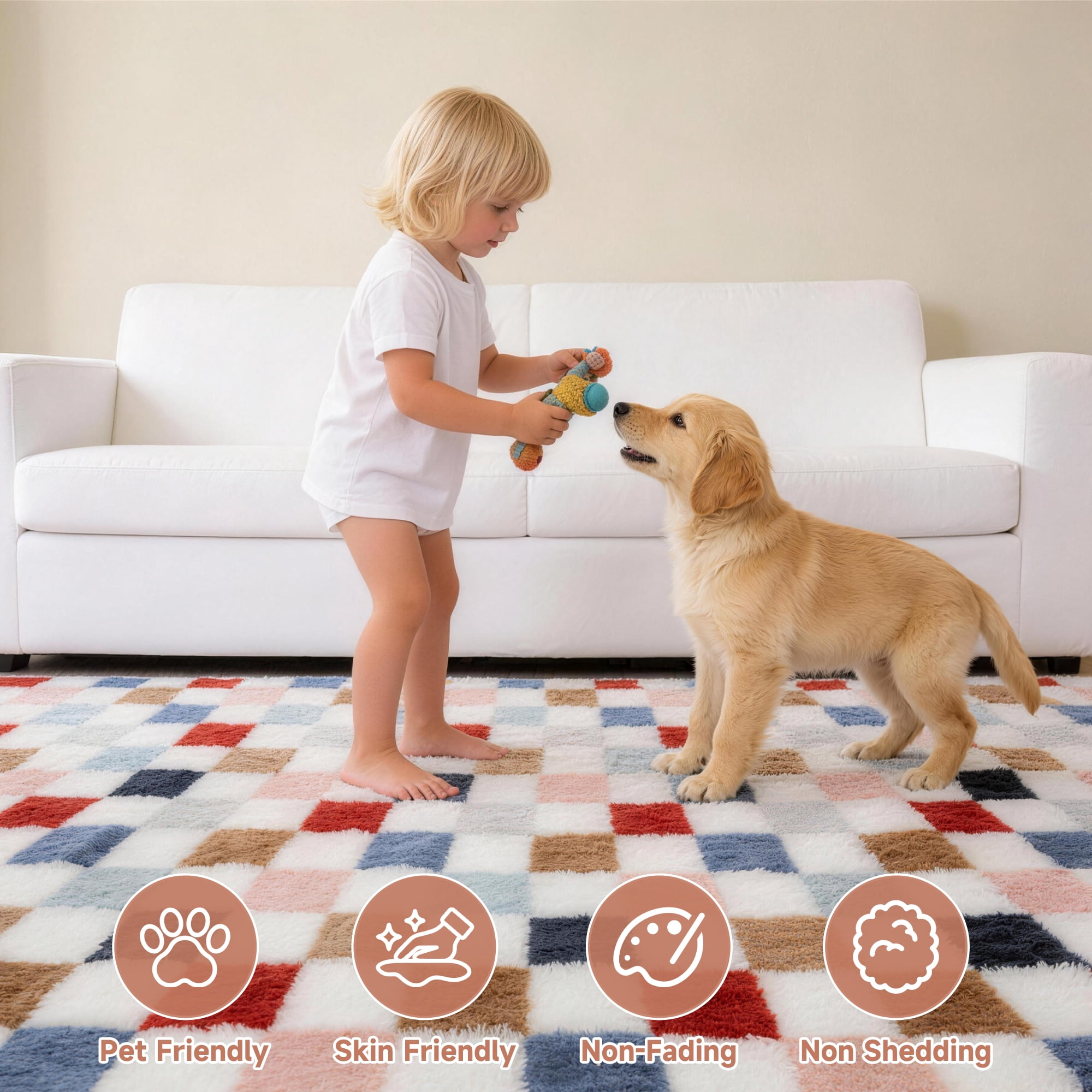 CozyDesg Shag Area Rugs, 8'x10' Soft Fluffy Floor Rugs Checkered Carpet，Washable Area Rugs for Living Room Bedroom Decor,Colorful C