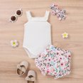 thumbnail image 2 of Youmylove Two Piece Girls Outfits Girls Sleeveless Ruffles Ribbed Romper Bodysuit Rainbow Floral Printed Shorts Headbands Outfits, 2 of 7