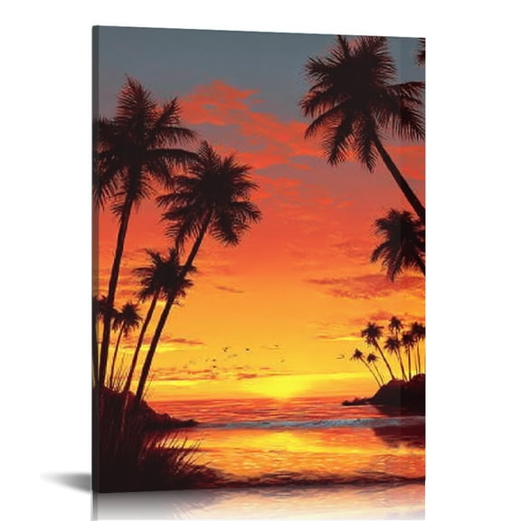 RKSupls Palm Tree Beach Sunset Canvas Wall Art, Canvas Prints Wall Art for Living Room Bedroom Bathroom Office, Art Print Painting for Home Decorations,12x16in