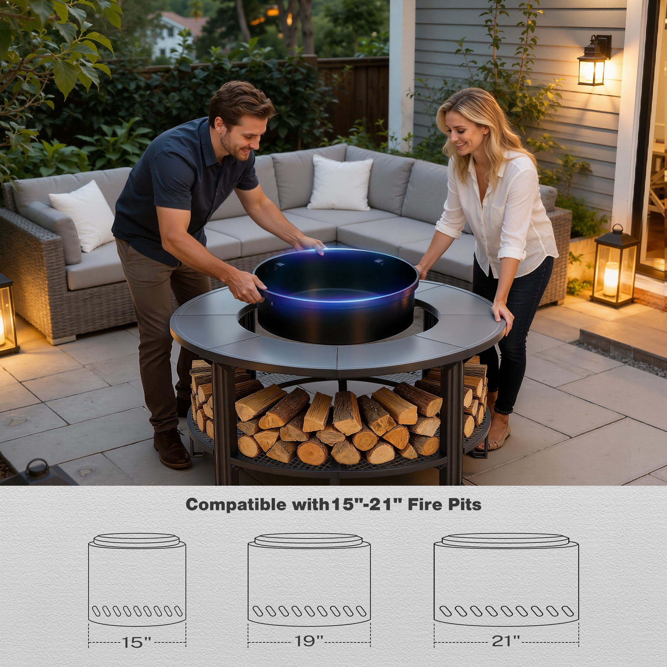 38" Outdoor Fire Pit Table with Grill & Firewood Rack, Wood Burning Fire Pit for Backyard Gatherings, Patio Heating & Outdoor Entertaining, BBQ with Pit Cover, Poker, BBQ Grate, Round Fire Pit, Black