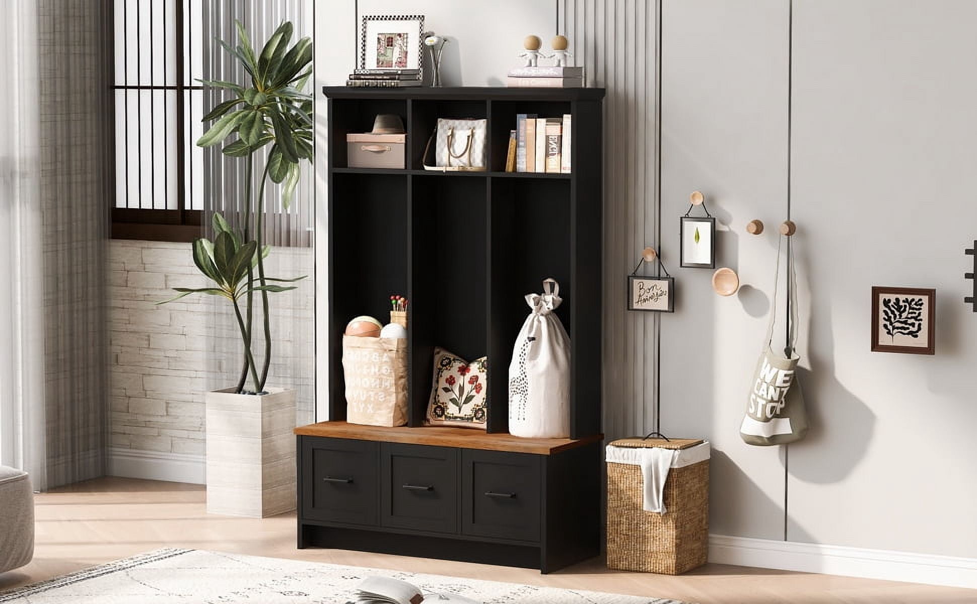 Euroco 40.2'' Wide Hall Tree with Storage Bench,Modern Hall Tree with Entryway Bench, 3 Shelves and Drawers