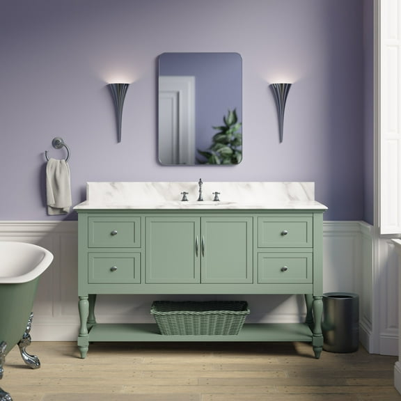 Beverly 60" Single Bathroom Vanity with Sage Green Cabinet and Carrara Marble Top