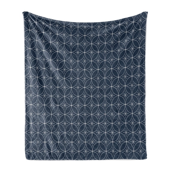 Geometric Soft Flannel Fleece Throw Blanket, Abstract Dotted Floral Arrangement Circular Traditional Japanese Motifs, Cozy Plush for Indoor and Outdoor Use, 50" x 70", Dark Blue Cream, by Ambesonne