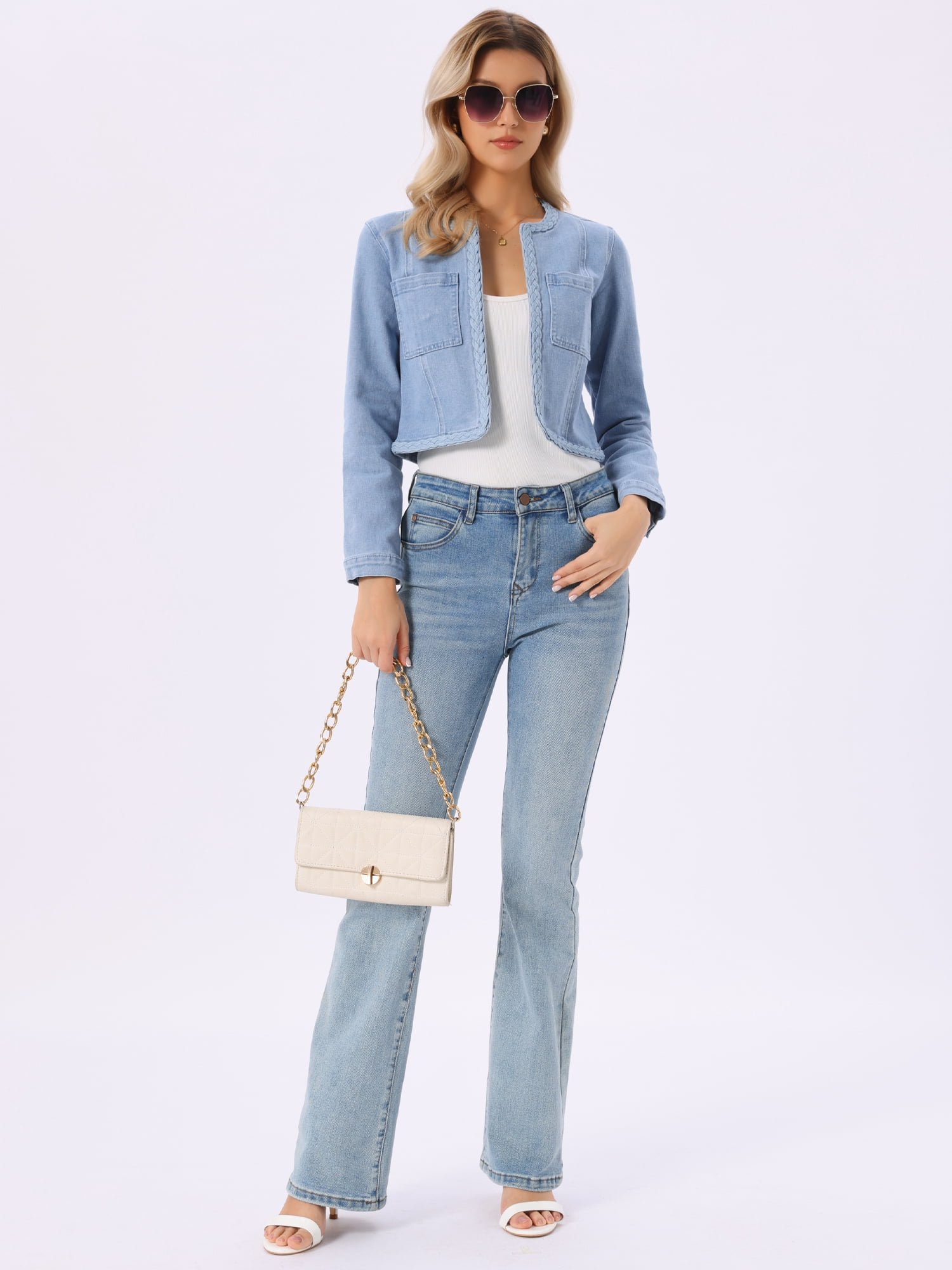 DARING DIVA Women's Collarless Long Sleeve Open Front Cropped Jean Jacket XS Light Blue