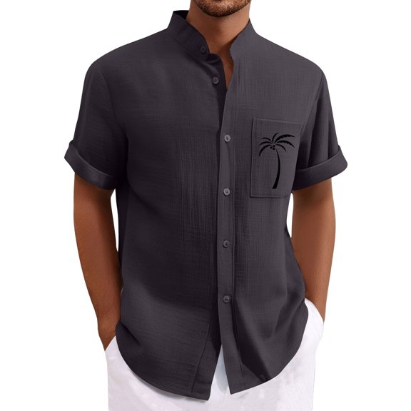 Men Linen Hawaiian Shirt Short Sleeve Button Down Stand Collar Beach Vacation Summer Holiday Casual Shirt with Palm Tree Print Tees