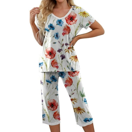 

Vivianyo HD Time and Tru Womens Loungewear Clearance Women s Printing V-Neck Short Sleeve Shirt and Pants Sets Loungewear Pajamas with Pockets Flash Picks White