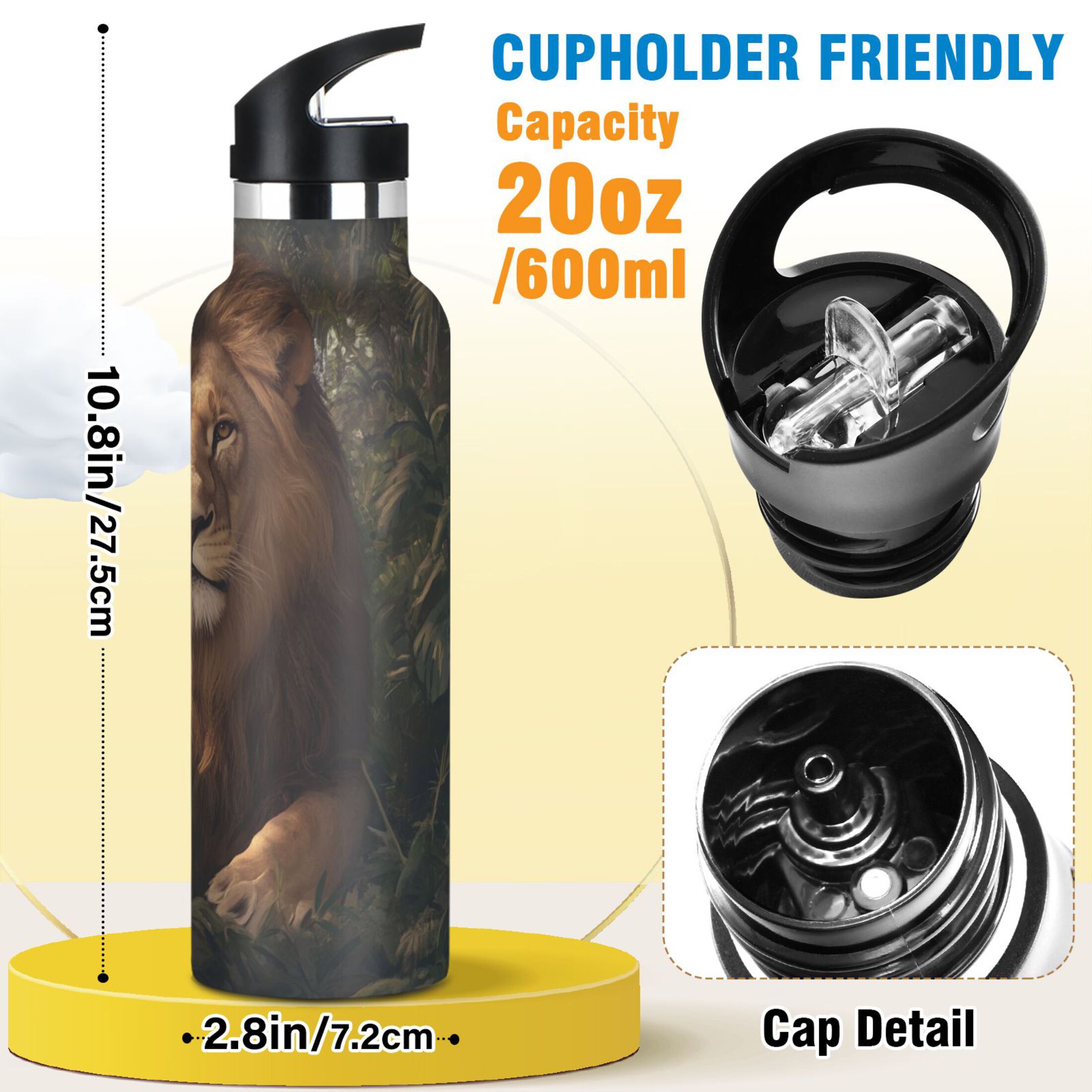 600ML Stainless Steel Insulated Cup Sports Water Bottle Portable Thermos Cup Water Glasses Insulated Tumblers Convenient and Durable Brown Lions