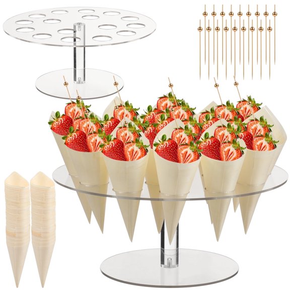 16-Slot Acrylic Ice Cream Display Stand - Complete Set with 100 Cones & 100 Skewers, Modern Transparent Cones Holder for Parties, Stores & Catering