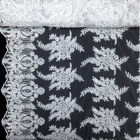 Scalloped Sequin - Floral Bridal Lace Sequins Beaded Scallop Fabric for Dresses 52’’ BTY (White)