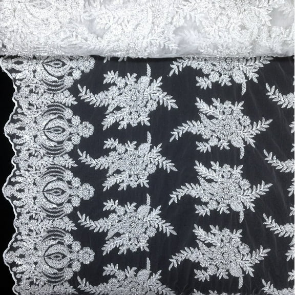 Floral Bridal Lace Sequins Beaded Scallop Fabric for Dresses 52’’ BTY (White)