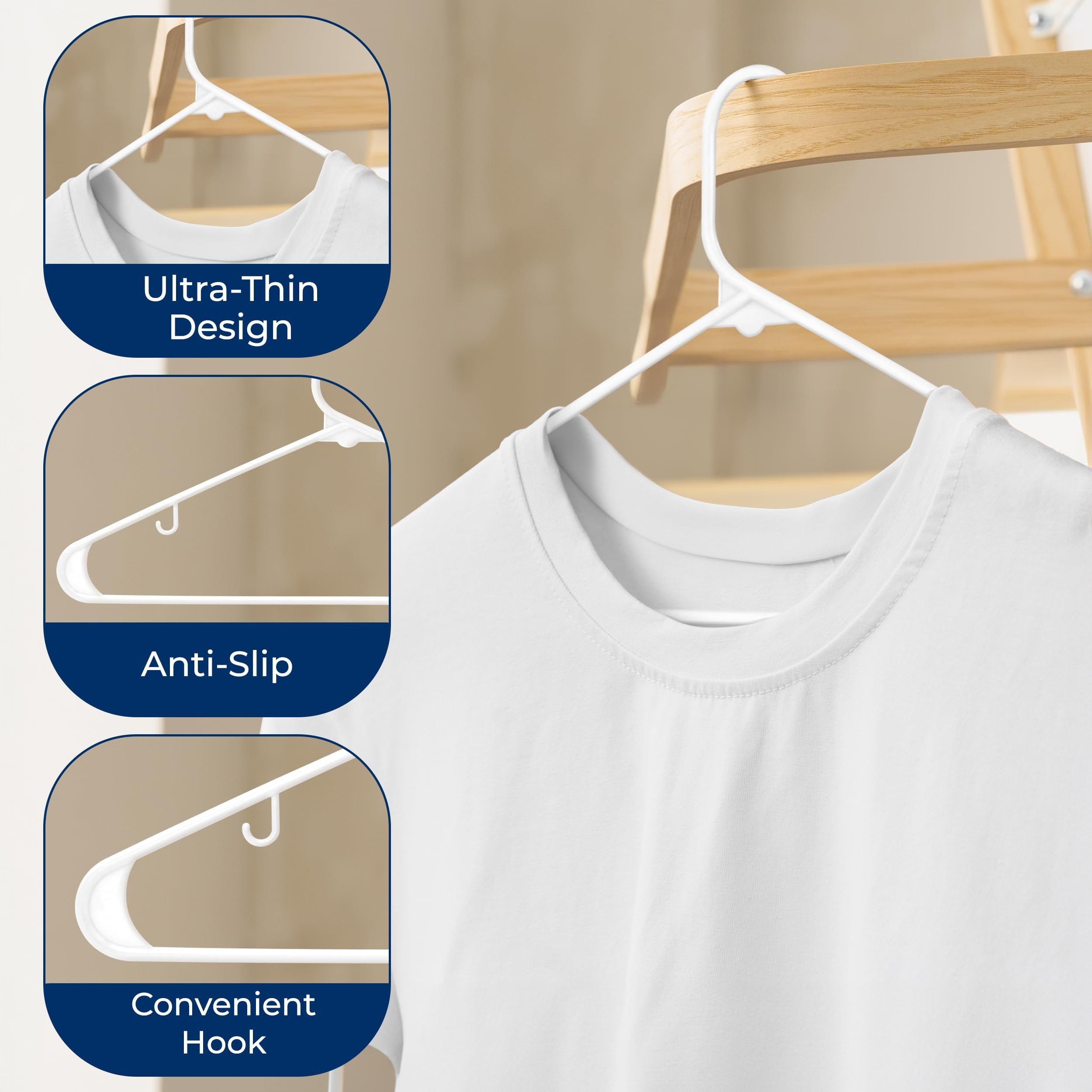 SereneLife 30-Pack Standard Plastic Space Saving Durable Tubular Heavy Duty Clothes Hanger, (White)