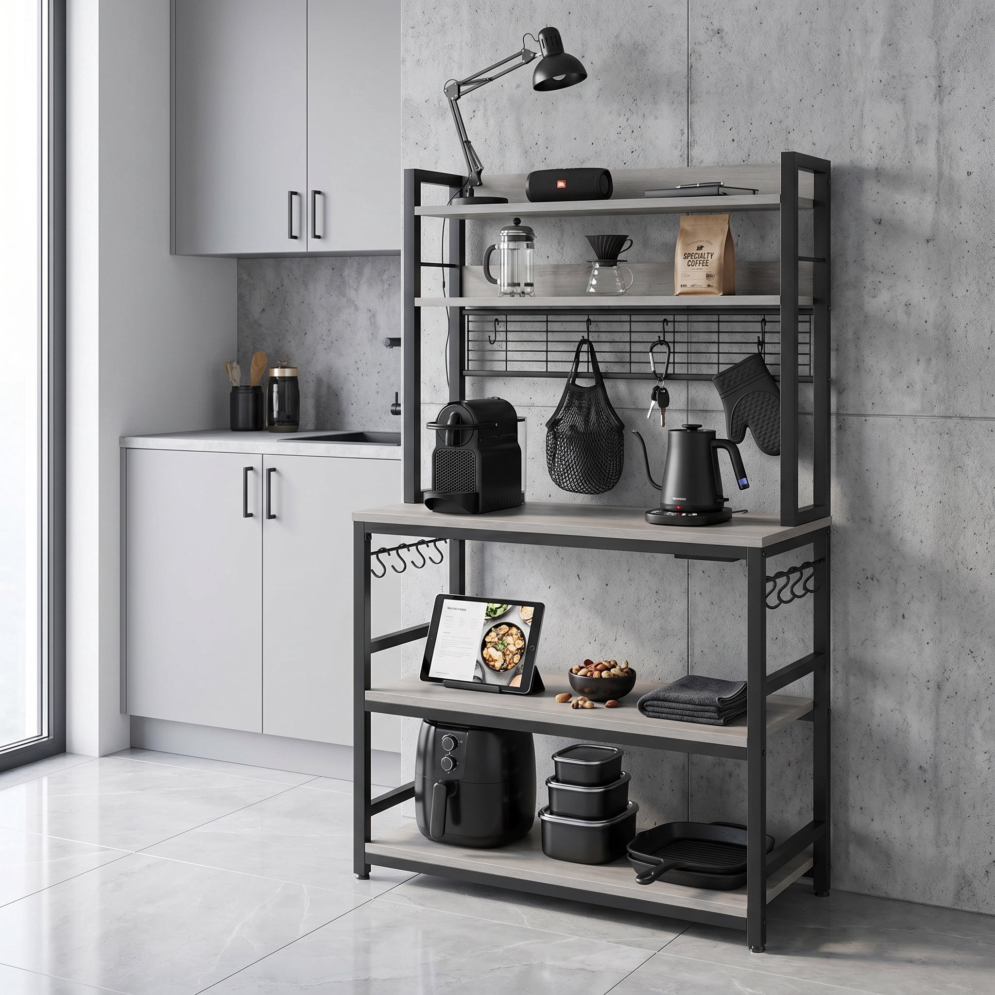 Nordic Hygge 66.9 in. Tall Bakers Rack with Power Outlet, Greige and Black