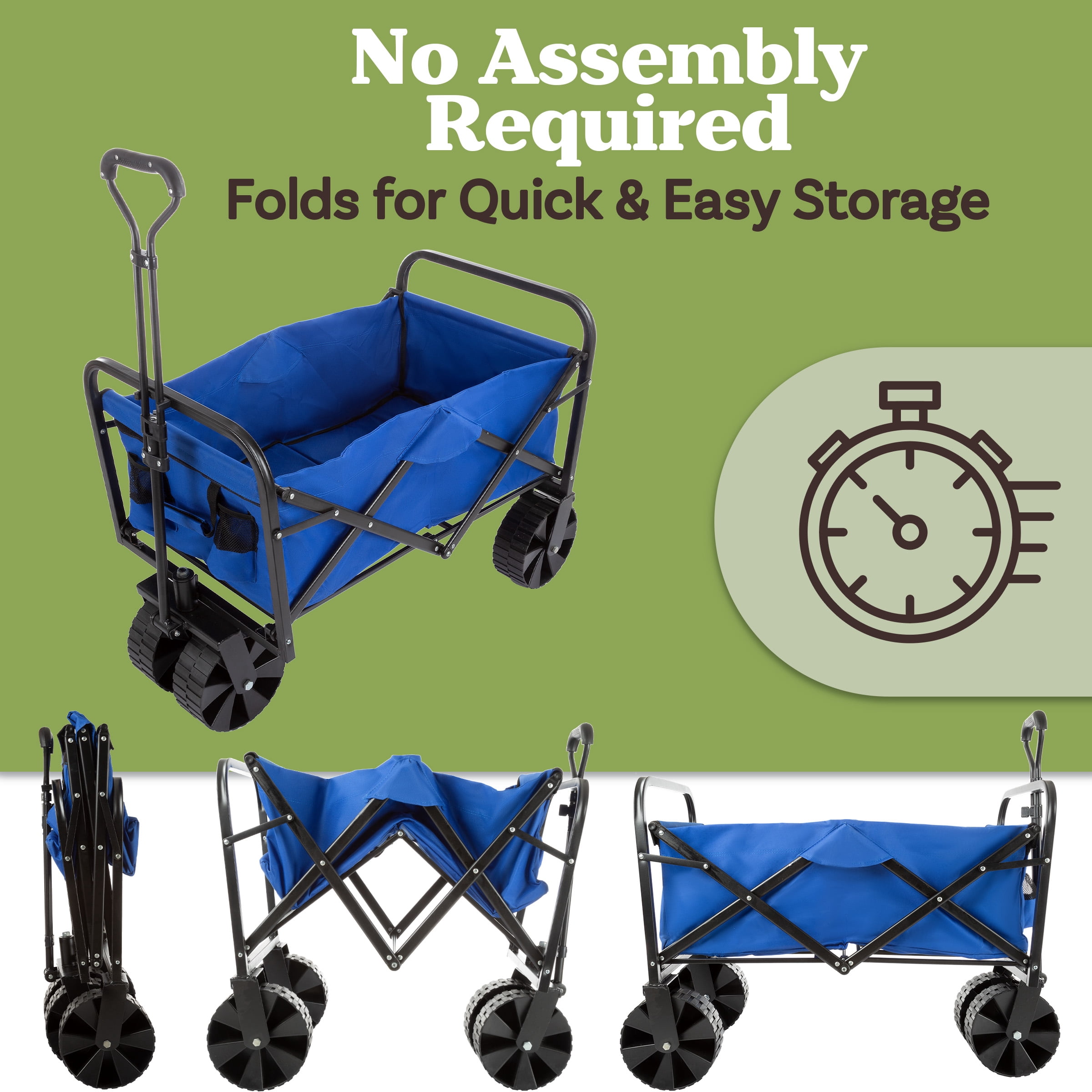 Wakeman Outdoors Collapsible Portable Wagon on Wide Wheels - Garden Cart, Grocery,  or Beach, Blue