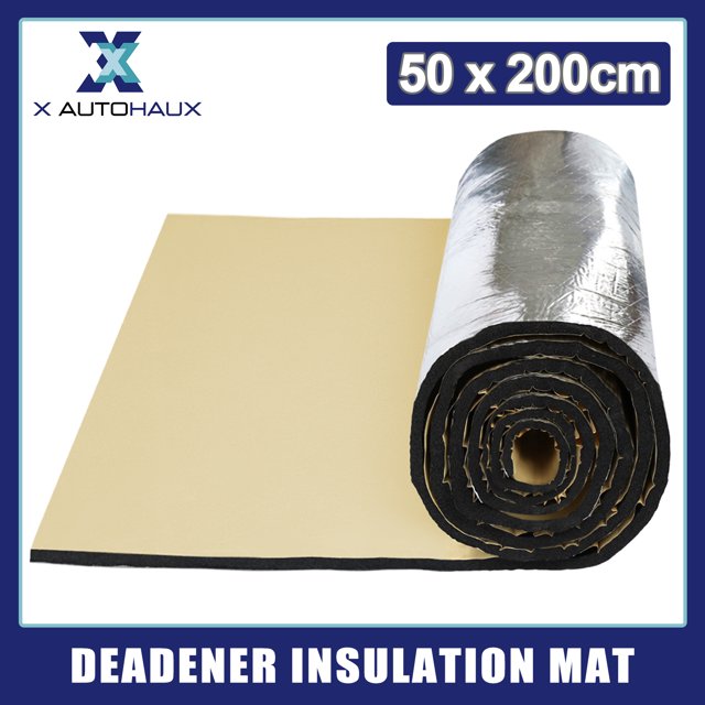estera de aislamiento de sonido aislante de calor 197mil 5mm 21,4sqft para coche 200x100cm unique bargains rollo y panel extendido en vista 3/4; lámina exterior plateada de aluminio reflectante, núcleo negro de espuma de 5 mm con respaldo autoadhesivo resistente al polvo, cara interior beige, indicada para instalar en capó, puertas, piso o cajuela para reducción de ruido y aislamiento térmico; también adecuada como amortiguador en compartimentos pequeños.
