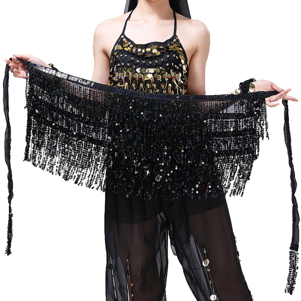 WULIQIUQIU Women's Belly Dance Hip Scarf Sequined Fringe Dance Skirt Rave  Music Festival Costumes for Girls