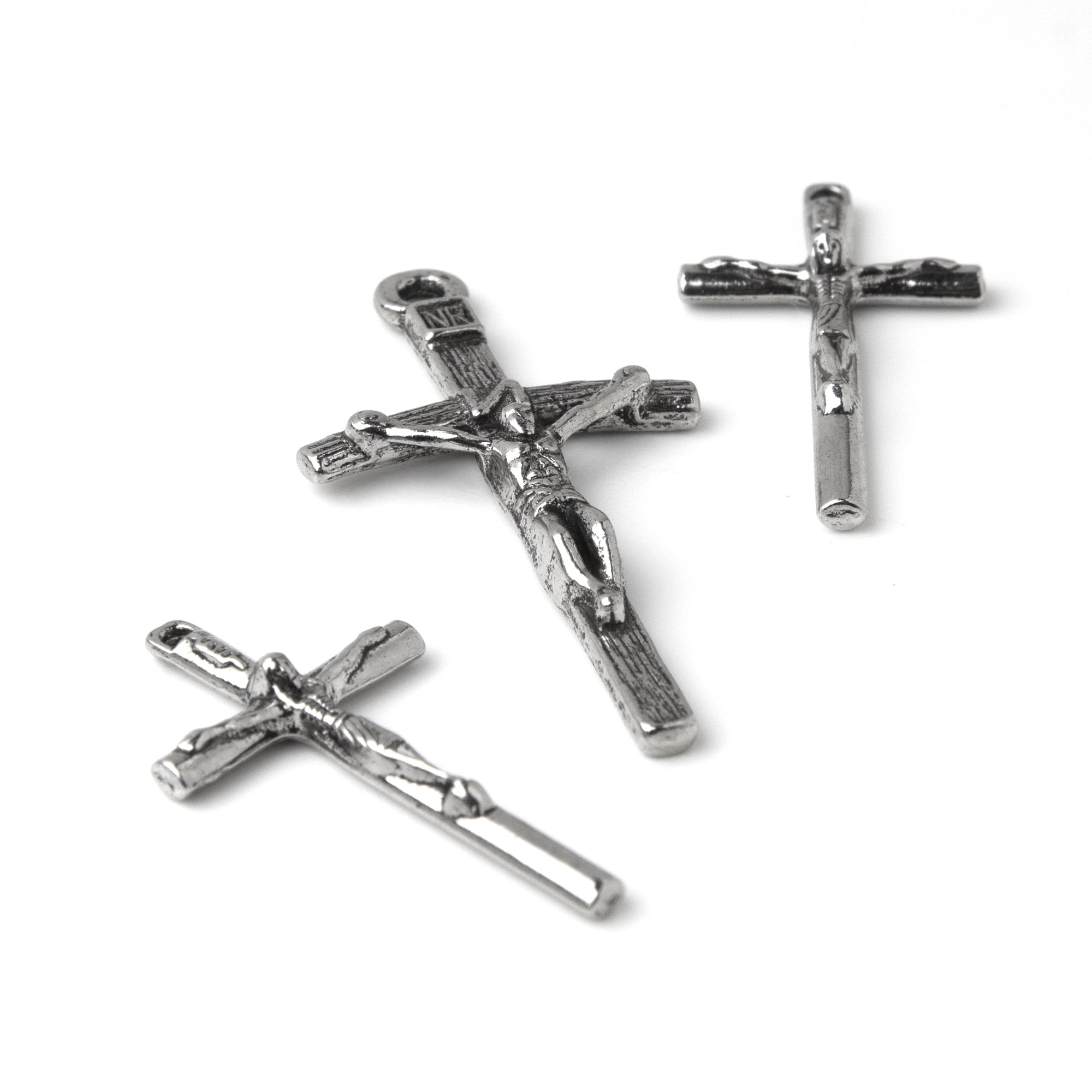 DIY Metal Cross Crucifix Pendants, Religious Accent Charm Set of 3, Silver