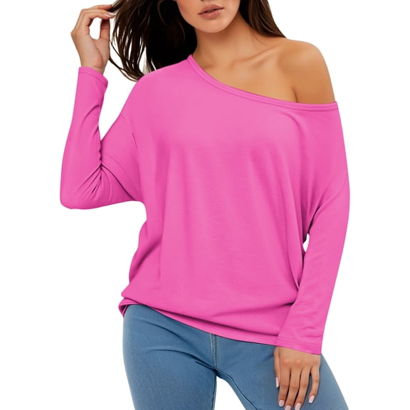 KHONTS Women's off the Shoulder Batwing Long Sleeve Shirts Tunic Casual Fashion Pullover Tops Hot Pink XL