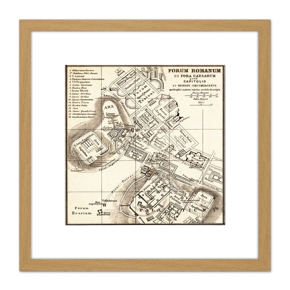 Map Antique Kiepert 1903 Forum Rome Ancient Replica 8X8 Inch Square Wooden Framed Wall Art Print Picture with Mount