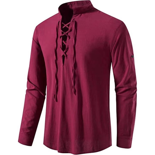 Blusa y camisa de manga larga con cuello alto para hombre, de algodón y lino, con cuello alto y corbata, de manga larga, estilo pulóver, blusa, blusa de algodón y lino para hombre.
