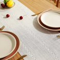 thumbnail image 4 of XINQIHANG Rustic Farmhouse Style Linen Table Runner, Boho Handmade Fringe Braided Stripe Table Runners 108 Inches Long for Holiday Party, Wedding and Dining Decorations, 13 x 108 inch-Ivory, 4 of 7
