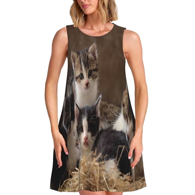 Balery Cat Family Vestidos de verano para mujer con estampado: vestido holgado sin mangas, vestido playero informal y cómodo para días calurosos.