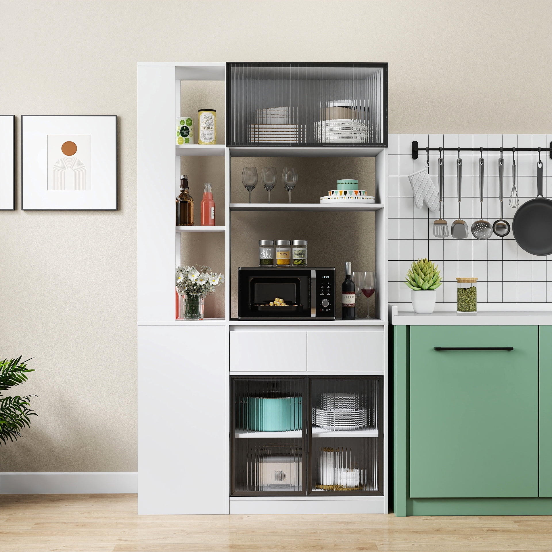 Mintazer 70.8" Tall Kitchen Pantry Storage Cabinet, Freestanding Food Pantry with Drawers & Fluted Glass Doors for Hallway Living Room, White
