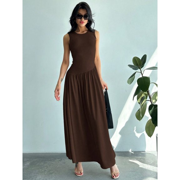 Coffee Brown Solid Round Neck Sleeveless Ruched Maxi Dress With Waist Detail