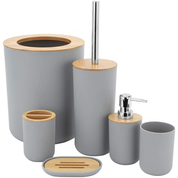 Ensemble d'accessoires de salle de bain, accessoire de salle de bain en  bambou 6 pièces avec distributeur de savon, porte-brosse à dents, brosse  WC, porte-savon, poubelle (40L) et tasse à brosse à