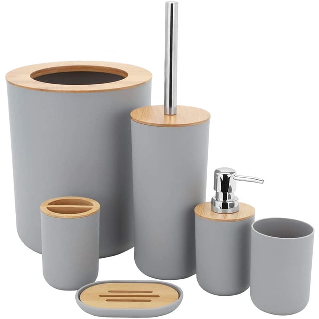 Juego de accesorios de baño Rawiri, juego de baño de plástico y bambú.