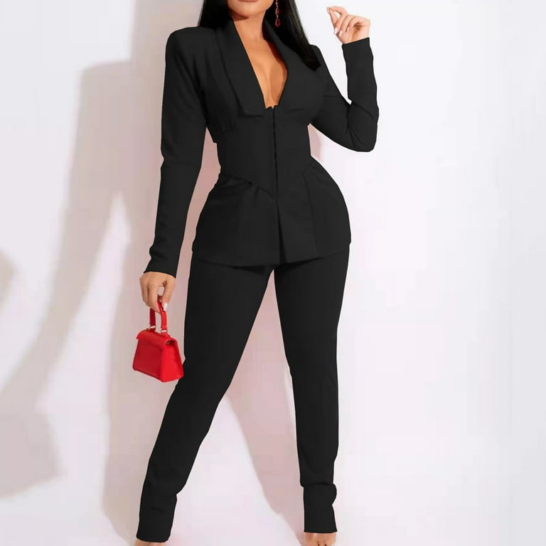 JDEFEG Interview Outfits Women's Two Piece Lapels Suit Set Office Business  Long Sleeve Formal Jacket Pant Suit Slim Fit Trouser Jacket Suit with Waist