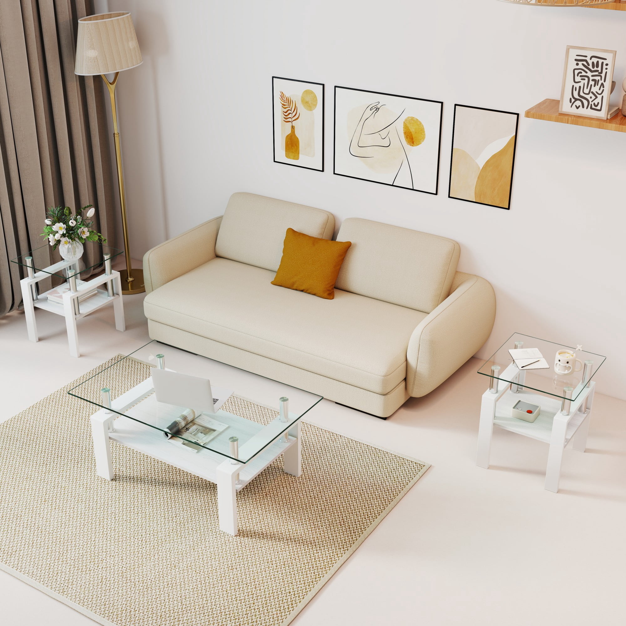 Euroco Set of 2 Modern Tempered Glass Tea Table,Tempered Glass Tabletop with MDF Layer,Coffee Table,End Table, Square Table for Living Room, Transparent/white