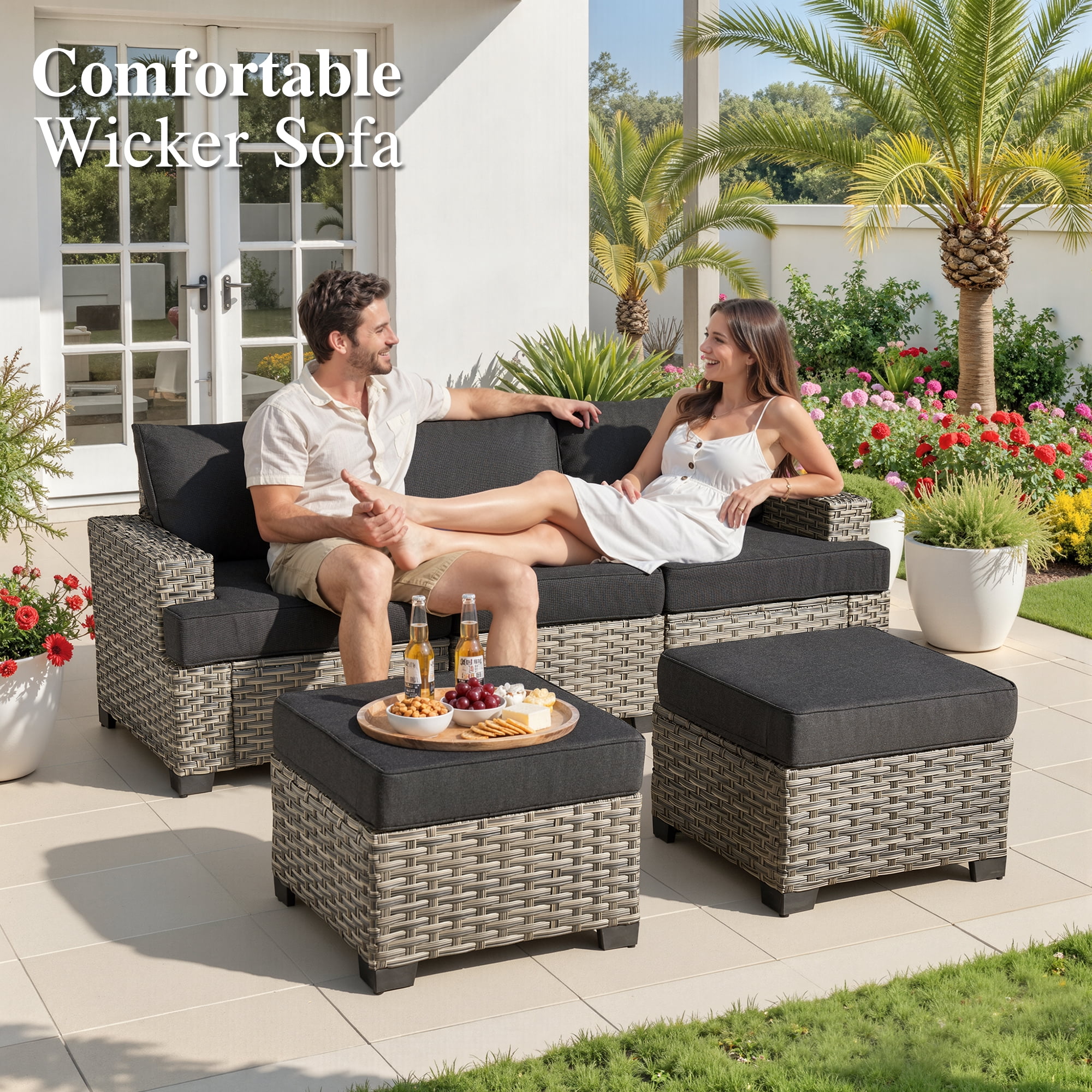 Ovios 7 Pieces Outdoor Patio Furniture Set All-Weather Rattan Wicker Sectional Sofa and Chairs with Ottomans, Black