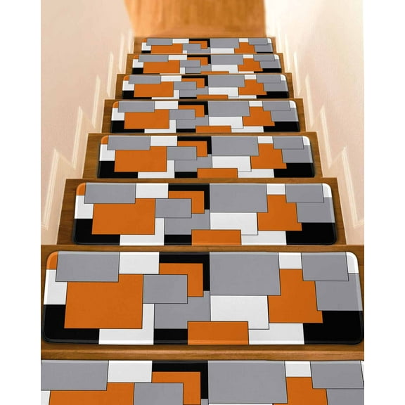 Abstract Geometric Art Stair Treads for Wooden Steps Indoor Runner Rug Carpet, Orange Black Gray 10 Pieces Peel and Stick Staircase Step Treads Covers Washable Throw Door Mats, 30"x8"