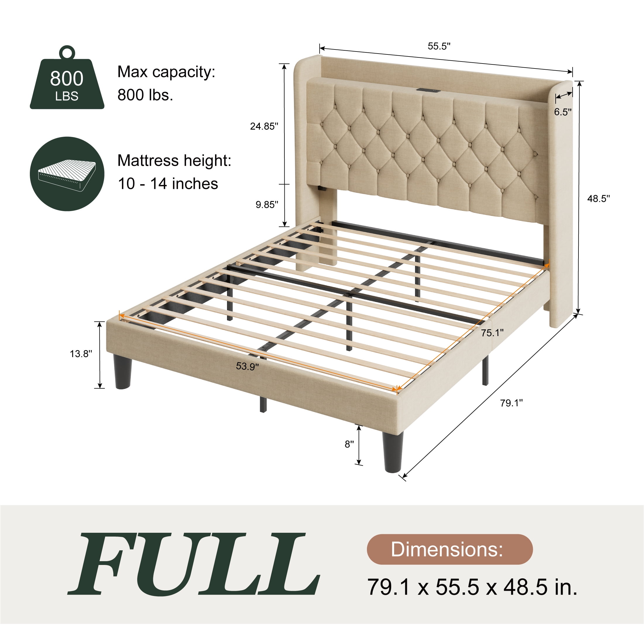 Einfach Full Bed Frame, Upholstered Platform Bed with Storage Wingback Headboard and Fast Charging Hub, No Box Spring Required, Beige