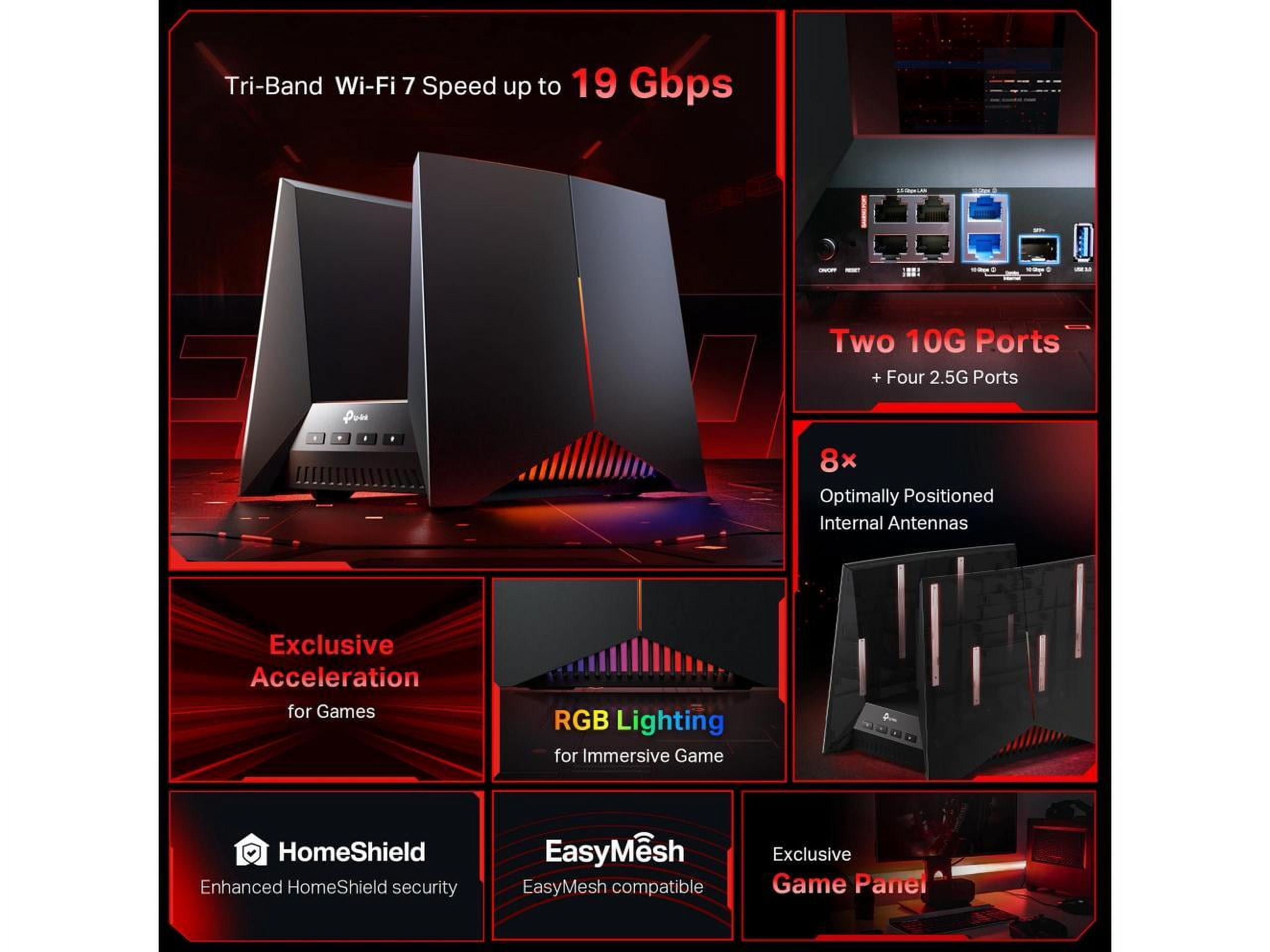 TP-Link Tri-Band BE19000 Wi-Fi 7 Gaming Router Archer GE800 | 12-Stream 19 Gbps | 2×10G + 4×2.5G Ports, USB 3.0 | Quad Acceleration, Dedicated Band for Gaming | Game Panel, RGB