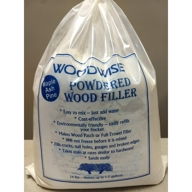 Woodwise 14-lb Powered Wood Filler Maple/ash/pine by Woodwise in a clear plastic bag with blue text. The packaging highlights features such as easy mixing with water, cost-effectiveness, and environmental friendliness. Suitable for filling cracks, nail holes, gouges, and broken edges, it takes stain like hardwood and sands easily. Each 14-lb bag makes up to 1.7 gallons of filler and is freeze-proof in powdered form.